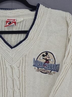 Disney Cream V-Neck Cable Knit Sweater with Navy Trim & Mickey Patch